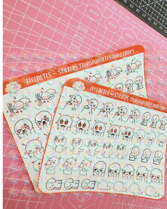 FeelNotes – 2 plantillas con 76 Stickers transparentes de emociones para libros.