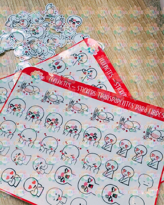 FeelNotes – 2 plantillas con 76 Stickers transparentes de emociones para libros.